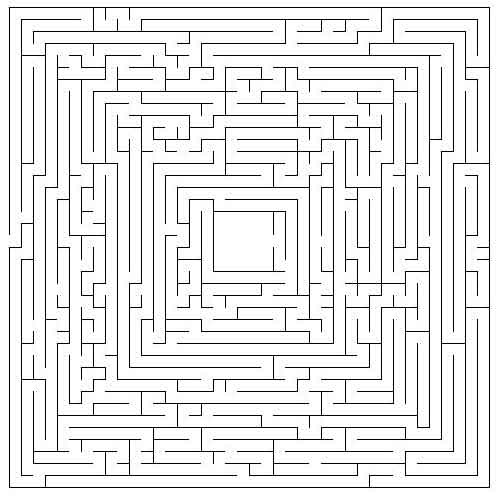 A square maze that is a jumble of corners and dead-ends but with a clear open space in the middle.