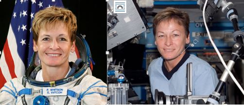Two images of Peggy Whitson side-by-side. The left image is taken on Earth. The right image is taken in space, and she has redder skin, puffier cheeks and squinted eyes (Credit: NASA)